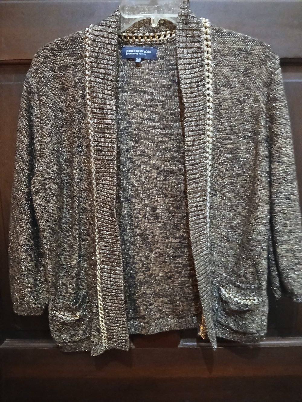 Jones New York Metallic Open-Front Cardigan in Gold and Black Petite L